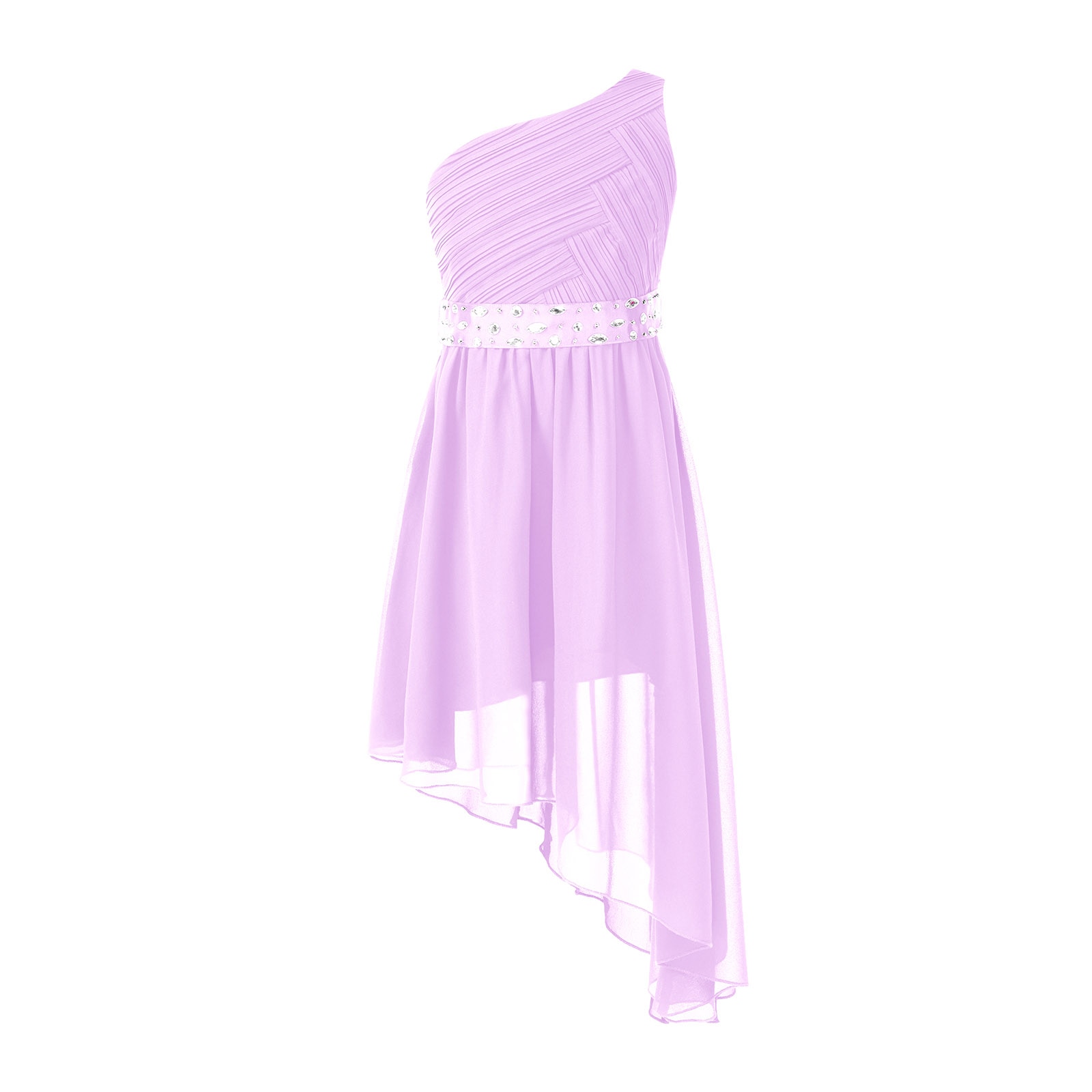 Children First Communion Princess Dress Kid Girl One Shoulder Ruched Party Gowns Rhinestones Belt Asymmetrical Hem Chiffon Dress