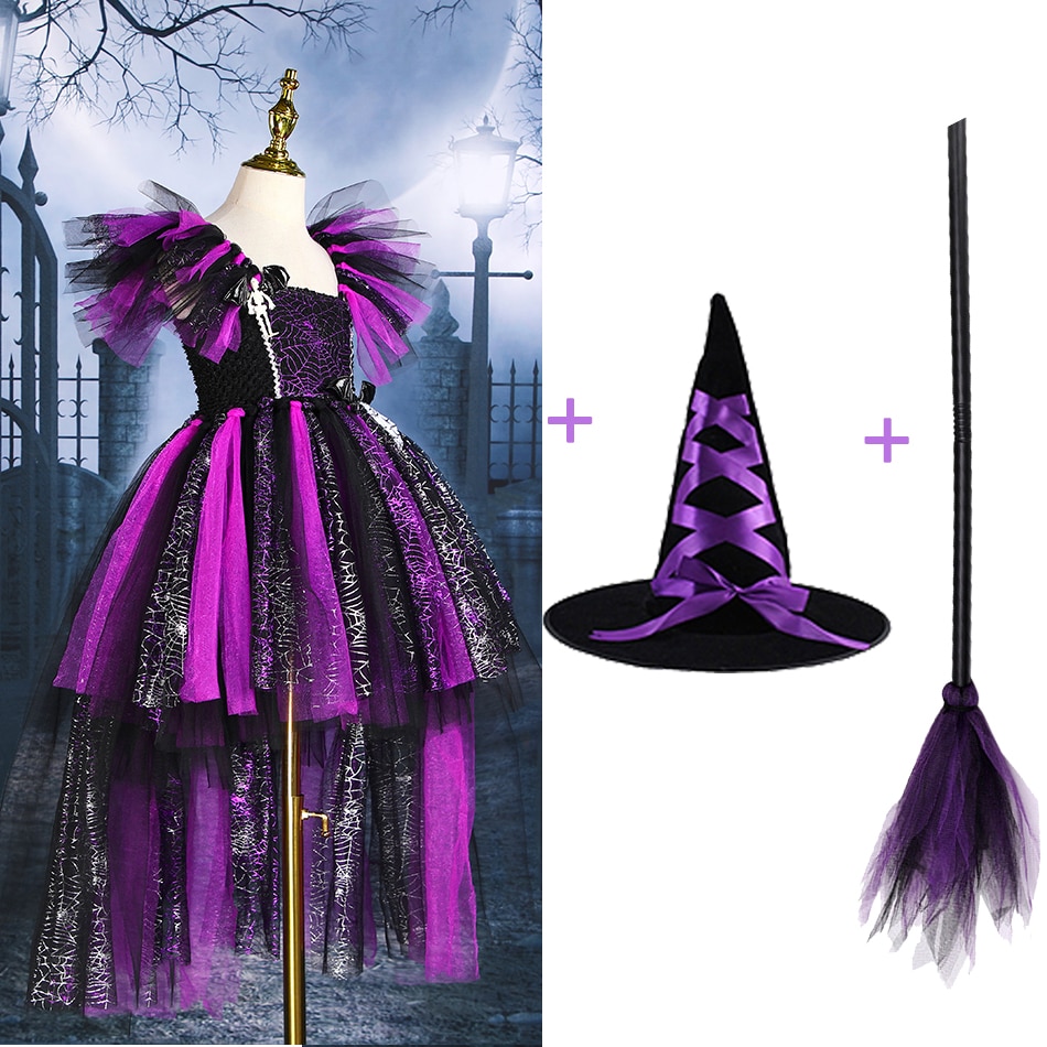 Children's Dresses Halloween Costumes Cosplay Witch Dress Skeleton Purple Long Skirt Carnival Party Clothes With Hats And B