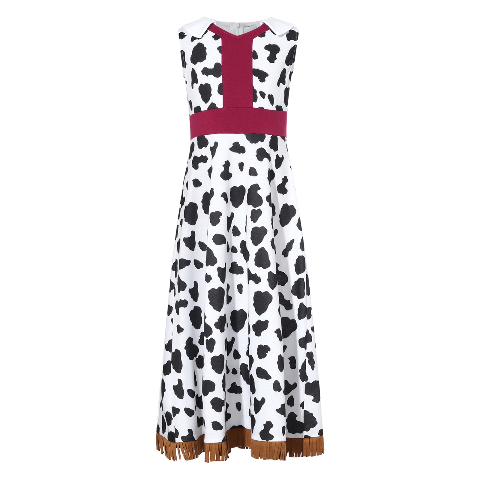 Kids Girls Halloween Western Cowgirl Costume Sleeveless Cow Print Fringe Tassels Dress Carnival Theme Party Cosplay Fancy Dress
