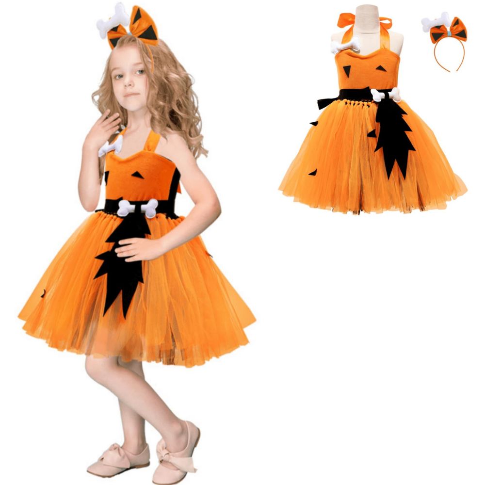 2-10 Years Halloween Toddler Kids Girls Caveman Costume Mesh Tulle Dress Princess Historical Stone Age Cave Man Cavegirl Outfits