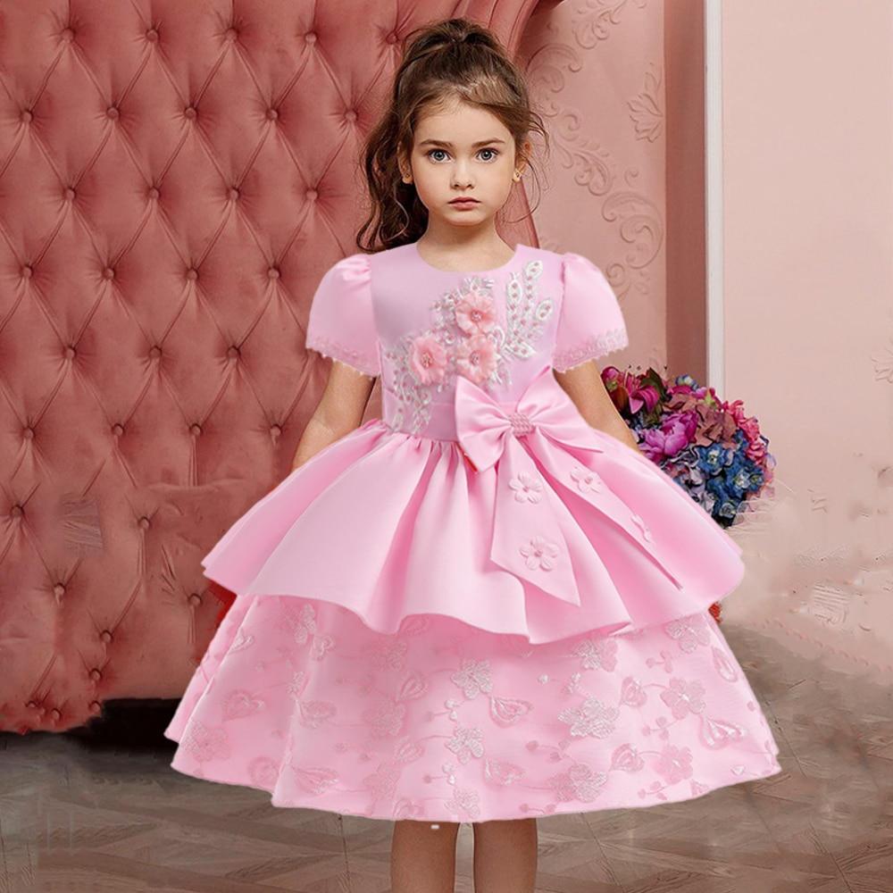 Elegant Girls Embroidery Party Dresses Pink Flower Wedding Kid Princess Dress for Girls Vintage Evening Gown Formal Gala Costume