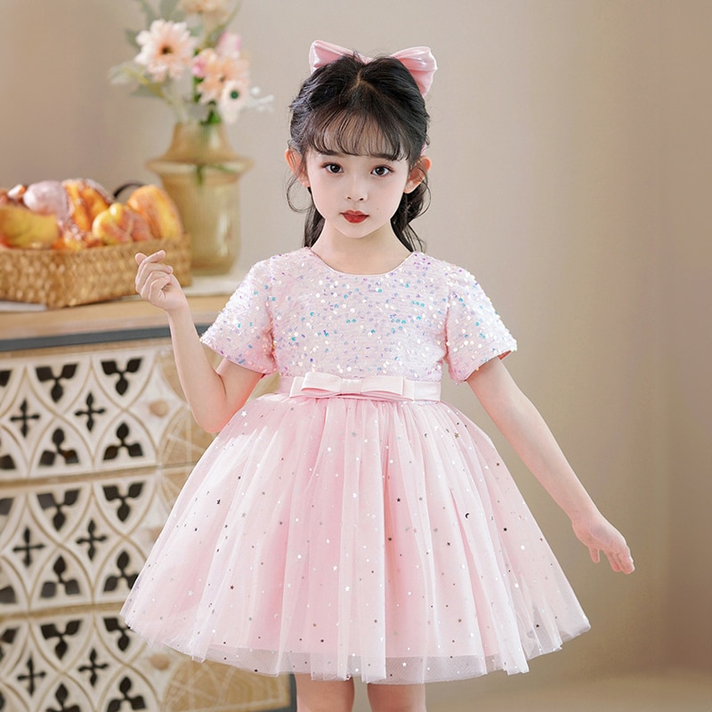Flower Girl Pink Princess Sequin Dress Wedding Bridemaid Kids Birthday Party Short Evening Gowns Children Luxury Pageant Dresses