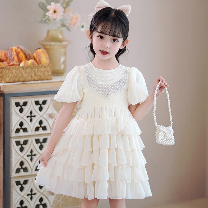 Champagne Elegant Birthday Layered Dress for Kids Girls Luxury Pageant Bow Tulle Short Evening Gowns Children Princess Dresses