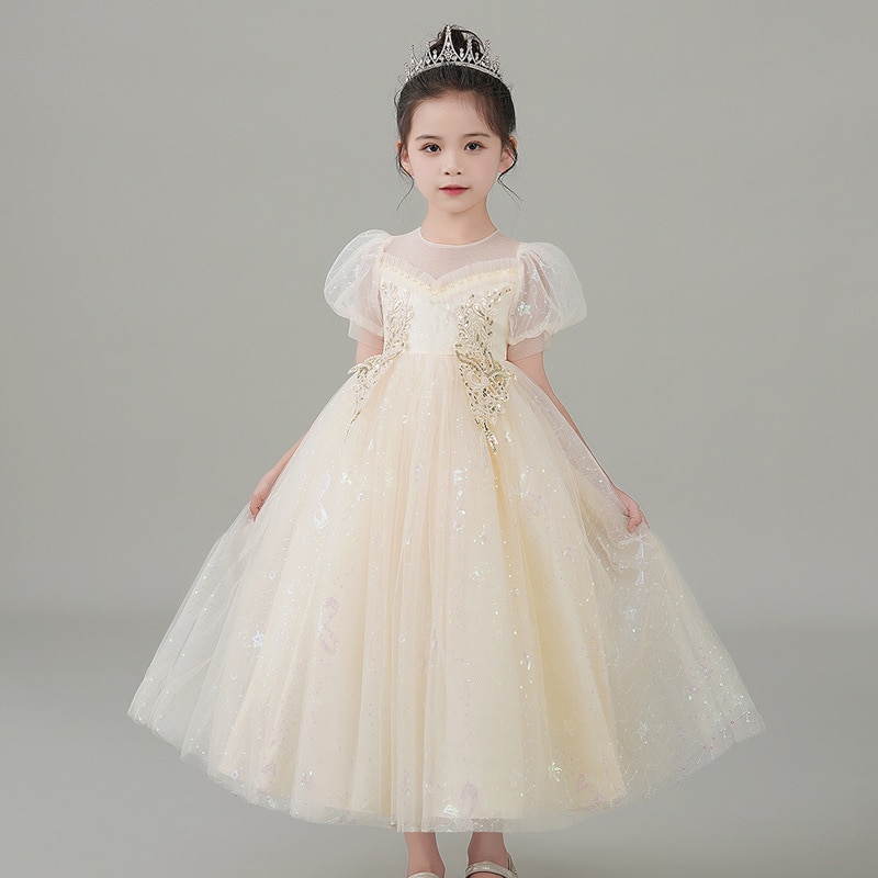 Flower Girls Cute Princess Ball Gowns Long Tulle Dress Kids for Birthday Party Luxury Evening Pageant Dresses Champagne Children