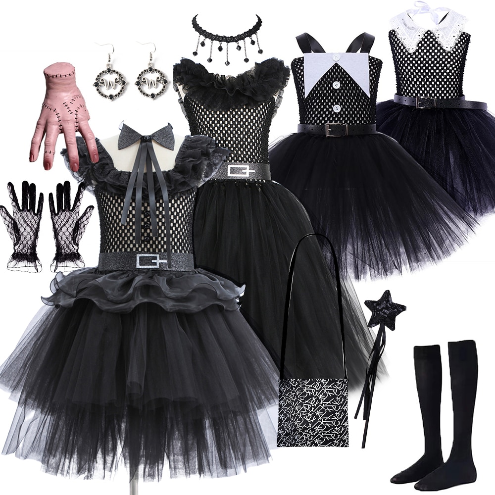 Halloween Wednesday Merlina Addams Girl Costume For Kids One Piece Puffy Tutu Dress Cosplay Children Clothing Outfit Gothic Dres