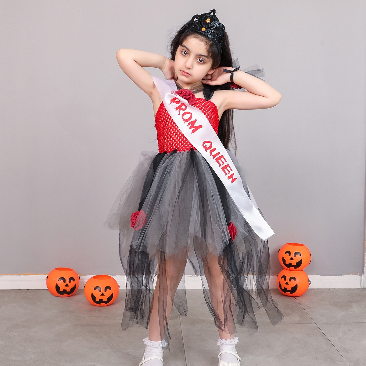 Halloween Cospaly Party Children's Dress Vampire Devil Mesh Irregular Performance Stage Dresses For Girls Kids 4Pcs Sets Ve