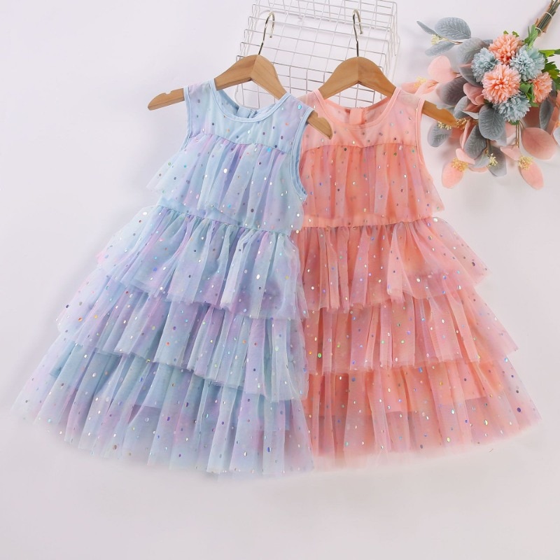 Girls Printed Dots Colorful Gradual Cake Dress Summer Children Vest Princess Dress Baby Birthday Party Cotton Mesh Fluffy Dress
