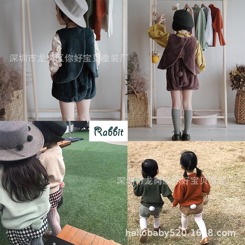 Jenny&Dave Spot 20 Autumn/Winter New Children's Set Rabbit Fur Set Wool Bubble Sleeve Sweater Checkered Shorts for Chil