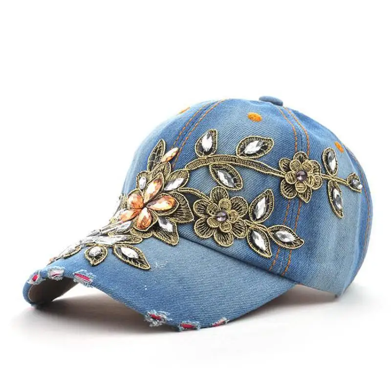 COKK Women's Baseball Cap Diamond Painting Embroidery Flower Denim Snapback Hats Jeans Woman Female