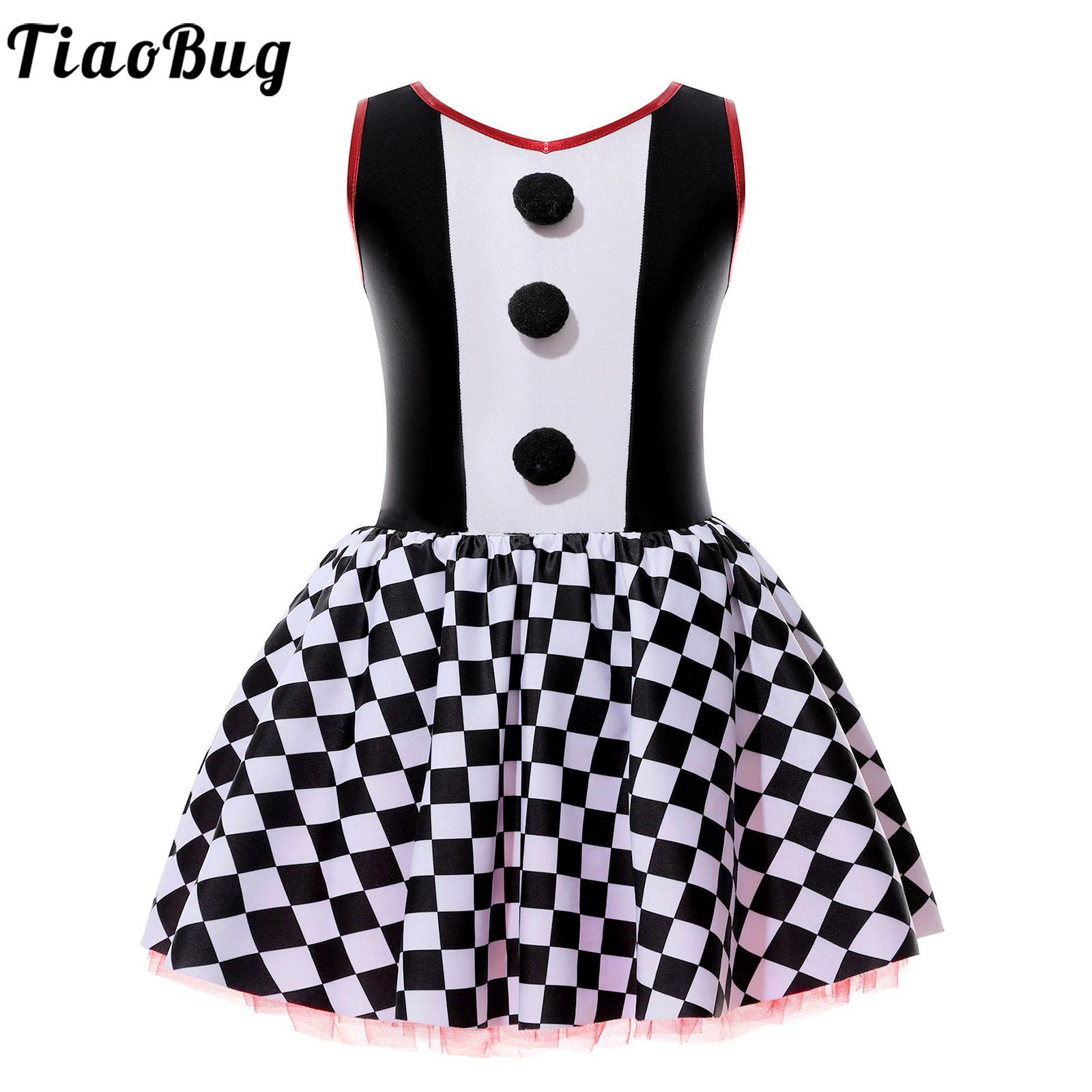 Kids Girls Circus Clown Costume Halloween Carnival Theme Party Cosplay Checkerboard Print Color Contrast Tutu Dress Dancewear