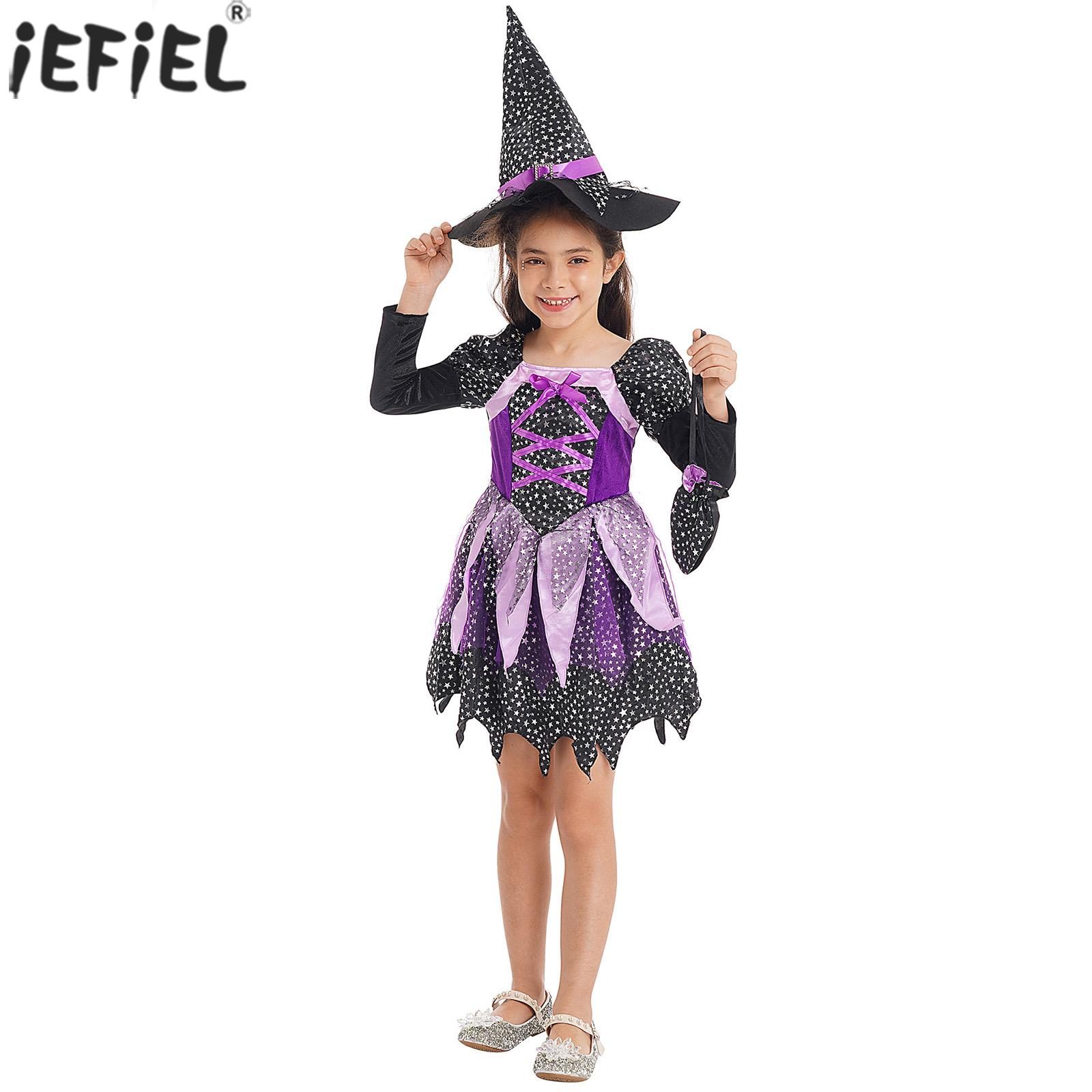 Kids Girls Witch Sorceress Costume Halloween Cosplay Theme Party Masquerade Shiny Star Print Dress with Candy Bag Pointed Hat