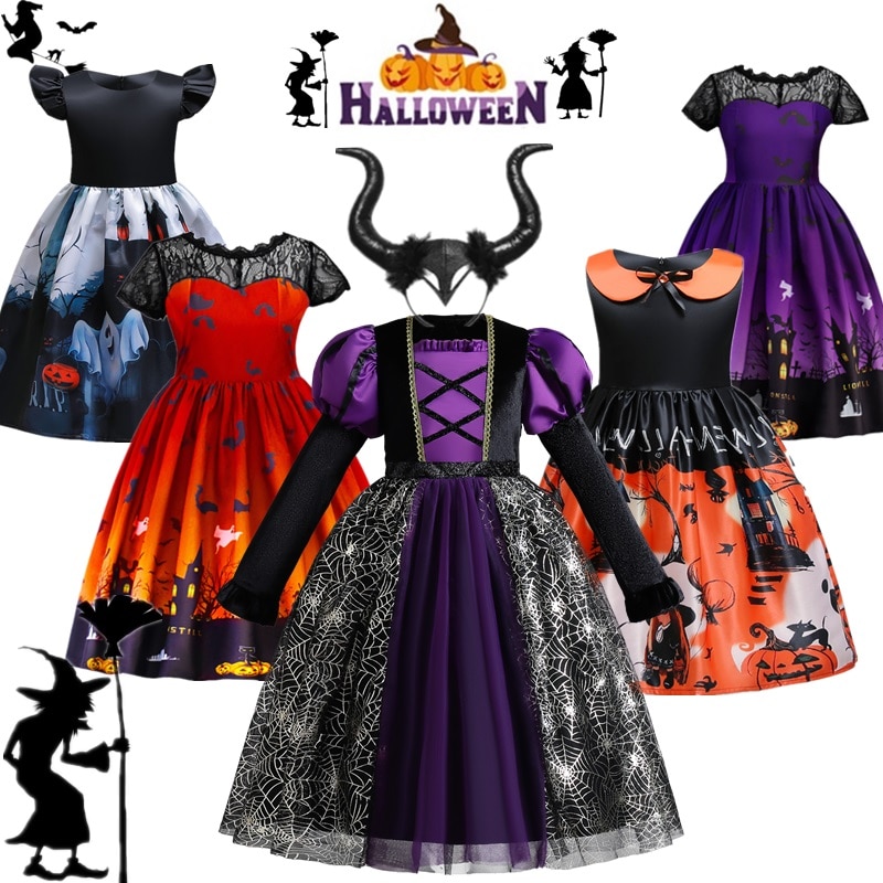 Girls Witch Cosplay Costume Kids Dress Gothic Ghost Costume Children Halloween Carnival Fancy Party Dress Up Clothes 3-10 Years
