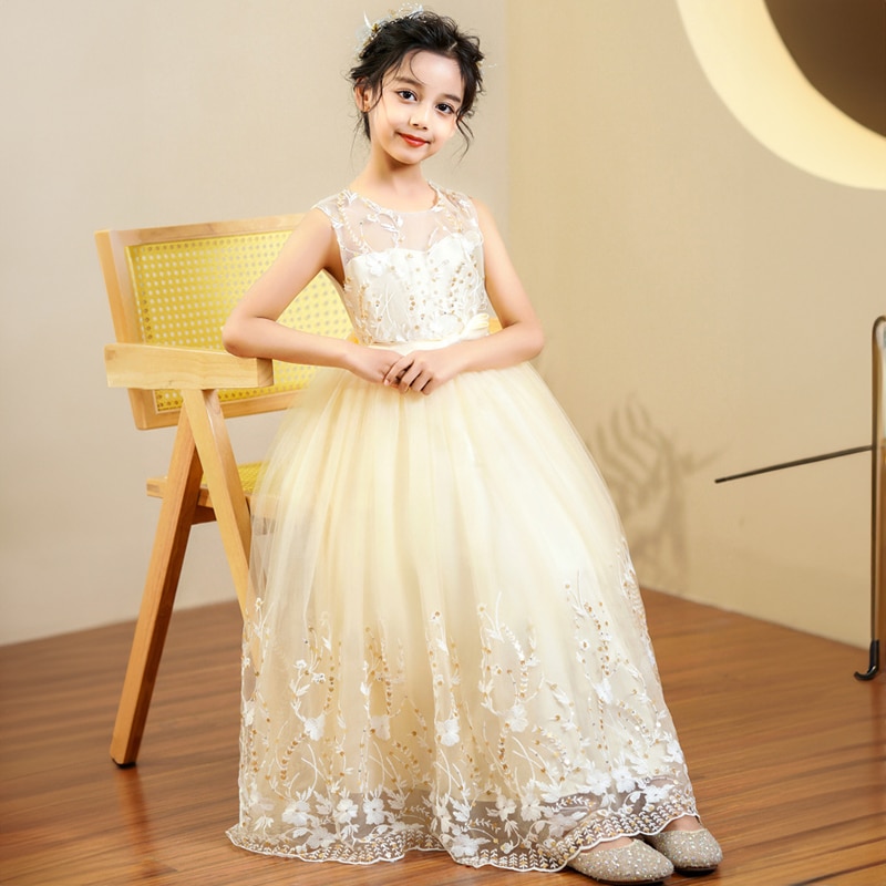 Champagne Evening Wedding Kids Formal Occasion Dress for Girls White Pink Lace Long Evening Gown Children Birthday Party Dresses