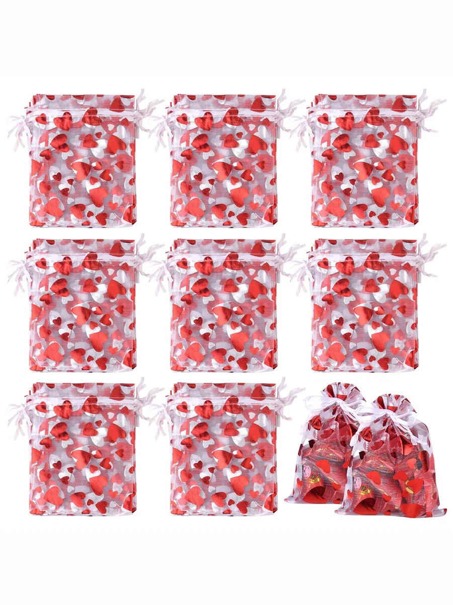 50Pcs 8x10cm 9x12cm Heart Printing Drawstring Organza Bags Jewelry Packaging Bags Valentine's Day
