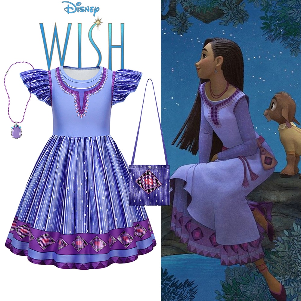 Disney New Movie Wish Asha Costume For Kids Girl Halloween Party Dresses Flying Sleeve Vestido Outifit Children Princess Dresses