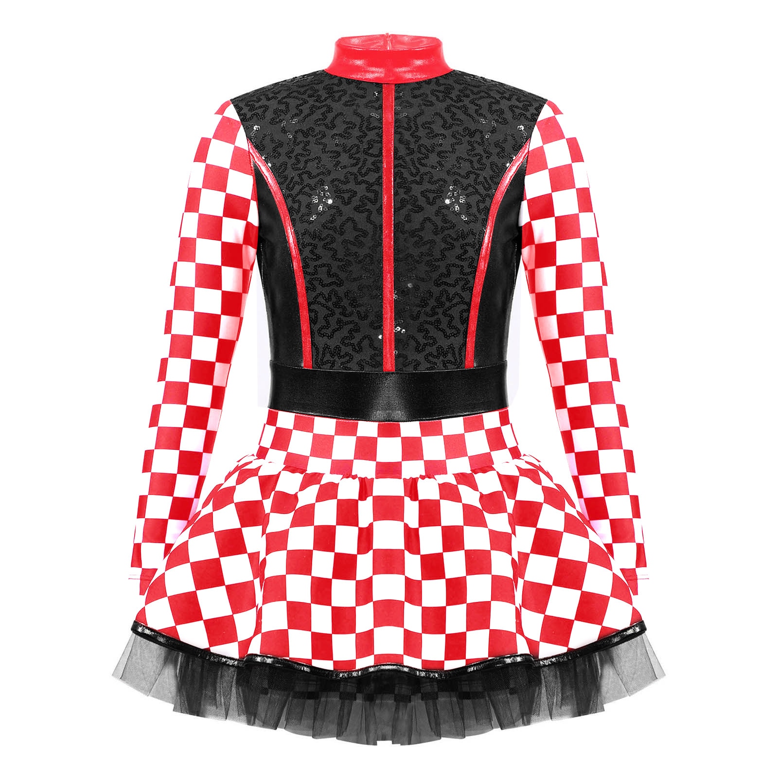 Halloween Kids Girls Racer Racing Driver Costume Checkerboard Long Sleeve Mock Neck Sequin Patchwork Jumpsuit for Cosplay Party