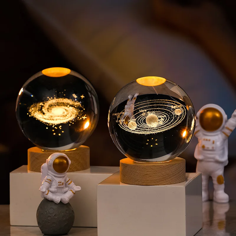 Crystal Ball 3D Glass Ornaments Solar System Moon Luminous Wooden Base Home Decoration Christmas