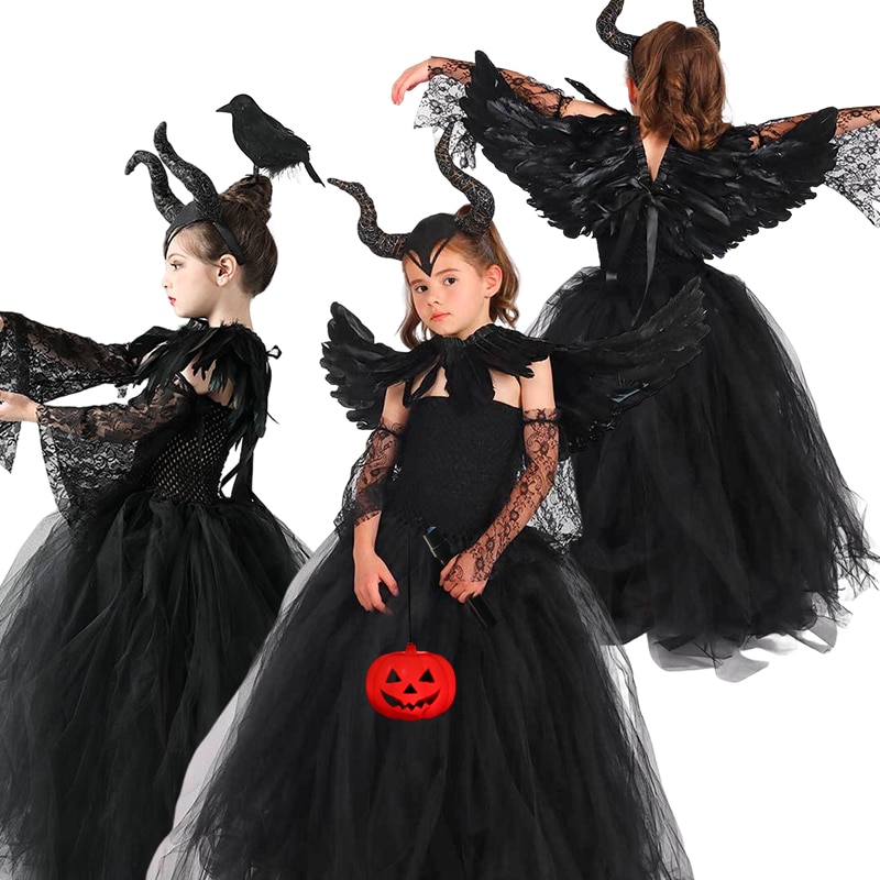 Halloween Maleficent Tutu Dress Mistress of Evil Cosplay Costume for Girls Vallain Evil Queen Malefient Vesidos Party Clothing