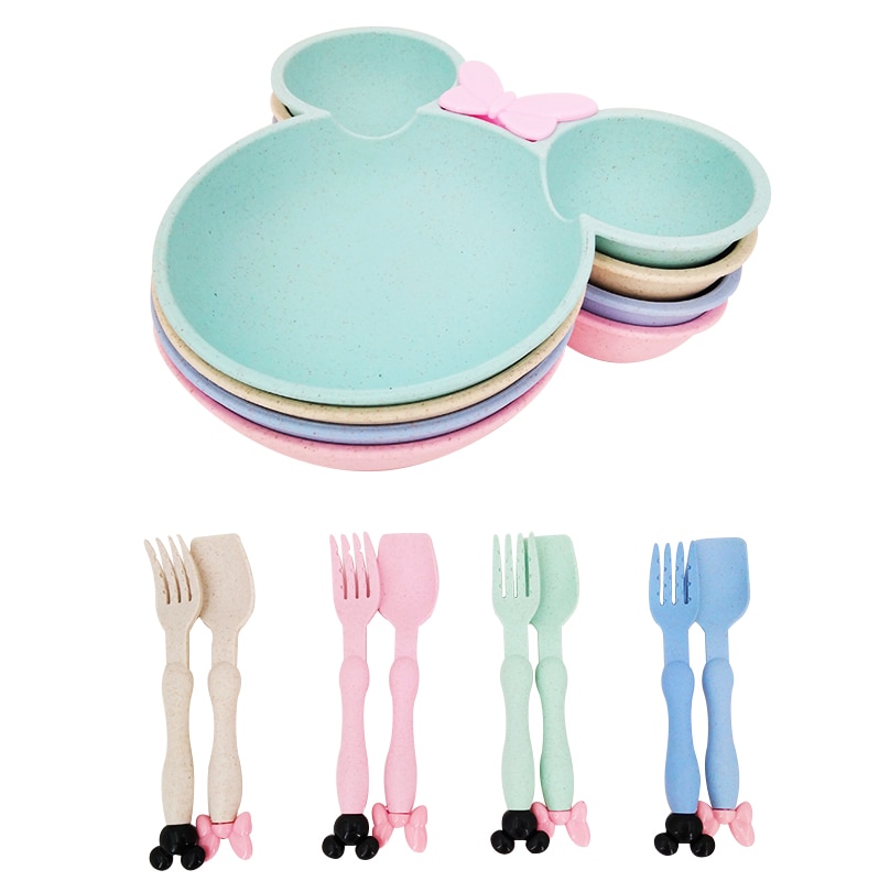 Wheat Straw Bowl Children Cartoon Tableware Set Baby Dinner Plate Baby Training Bowl Spoon Fork for Kids Baby Kids Plate