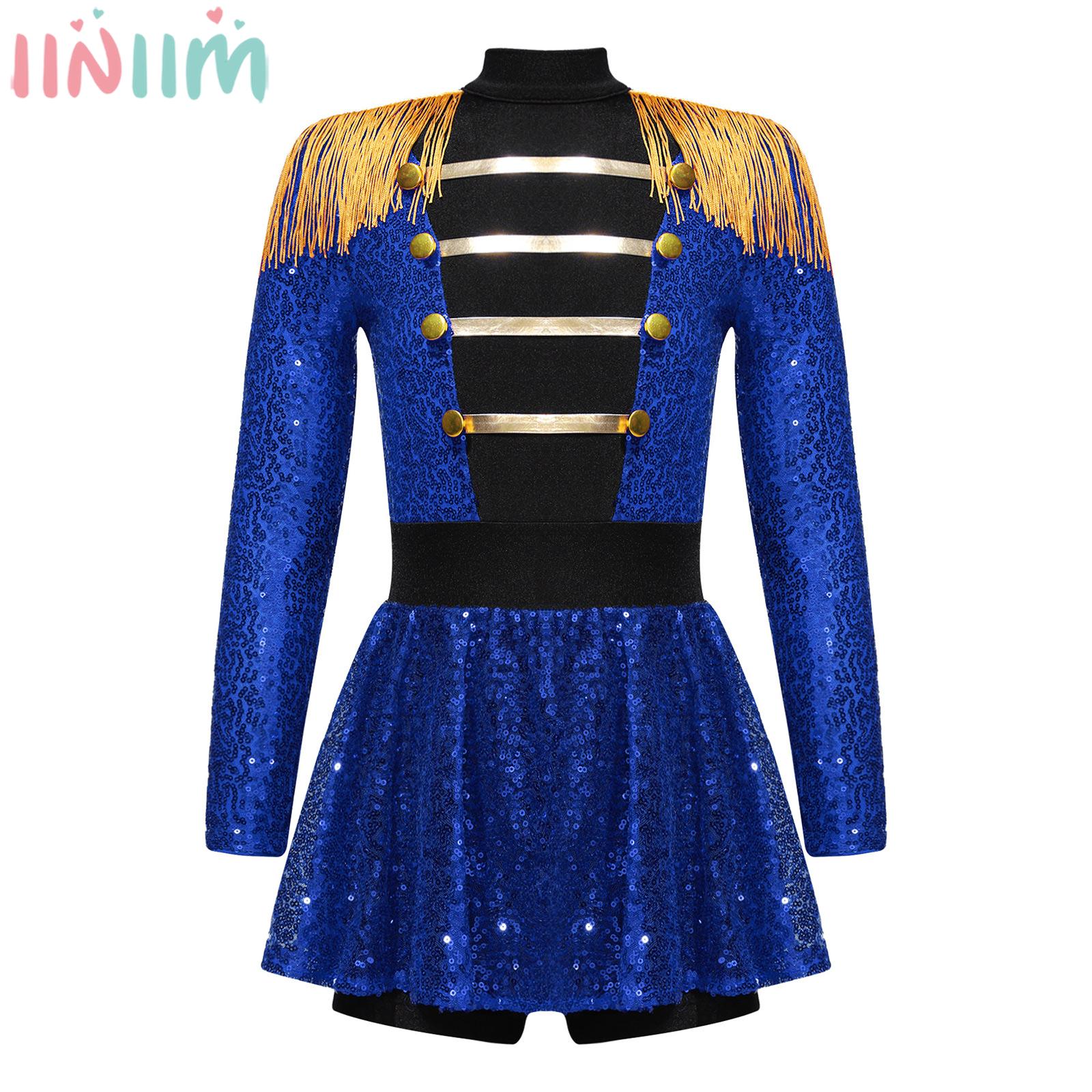 Kids Girls Circus Ringmaster Cosplay Costume Halloween Theme Party Carnival Roleplay Clothes Tassel Shiny Sequins Leotard Dress