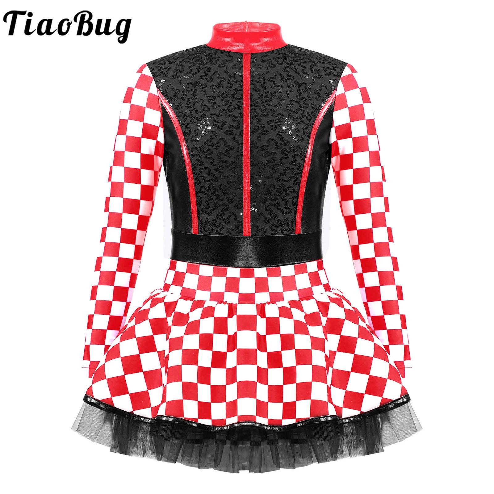 Kids Girls Halloween Racer Racing Driver Cosplay Costume Checkerboard Long Sleeve Sequin Tutu Dress Leotard for Carnival Party
