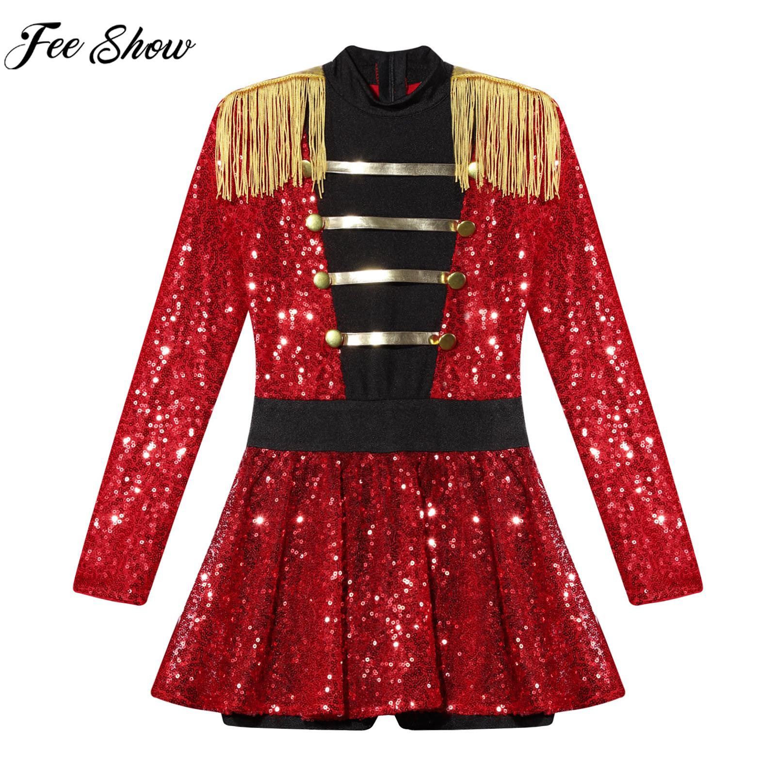 Kids Girls Halloween Circus Ringmaster Showman Cosplay Costume Shiny Sequins Leotard Dress for Theme Party Carnival Role Play