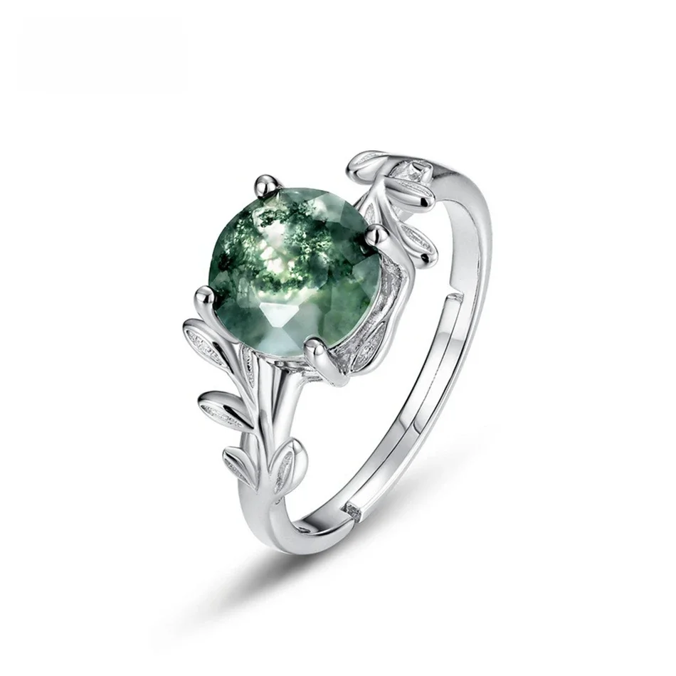WES 100% 925 Sterling Silver Natural Stone Adjustable 8*8mm Olive Branch Moss Agate Rings For Woman