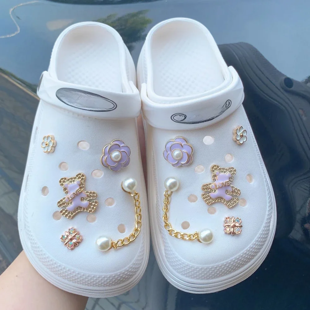 Shoe Charms DIY Lovely Purple Bear With Gold Rim Decoration Buckle for Hole Shoe Charm Accessories
