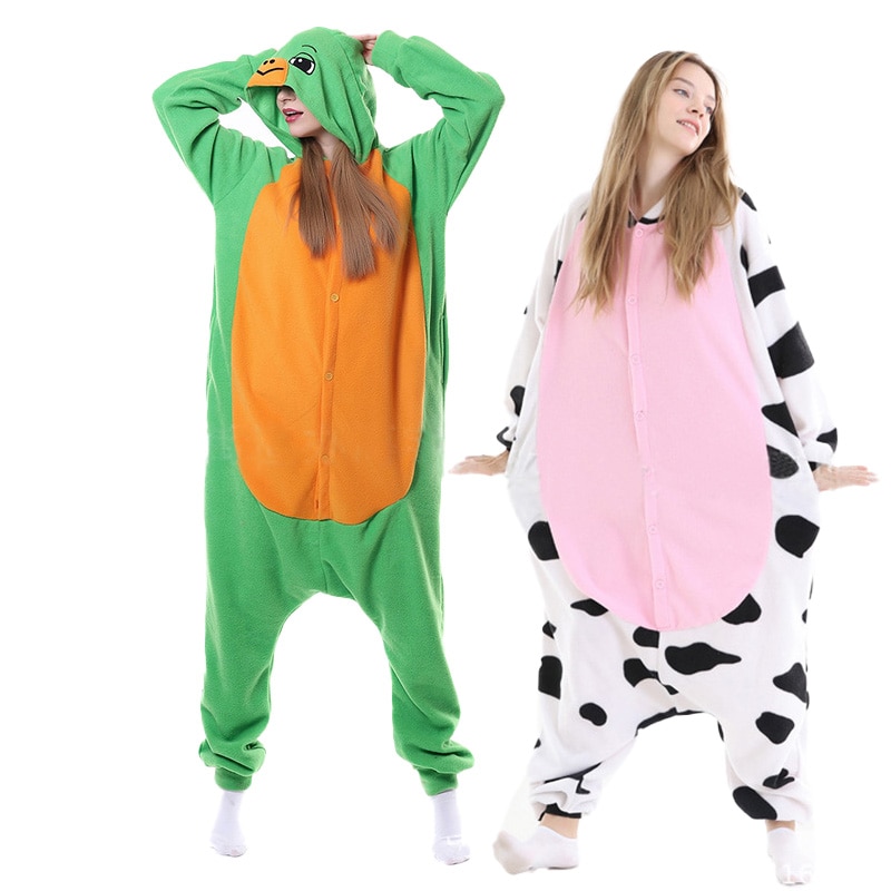 High-quality Polar Fleece One-piece Pajamas Animal Cow Cartoon Turtle Home Wear Couple Nightwear Hooded Long Sleeves
