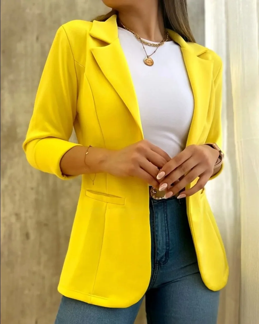 Office Elegant Pure Color Long Sleeve Coat Women Spring Autumn Casual Pocket Suit Jacket 2023 Pink