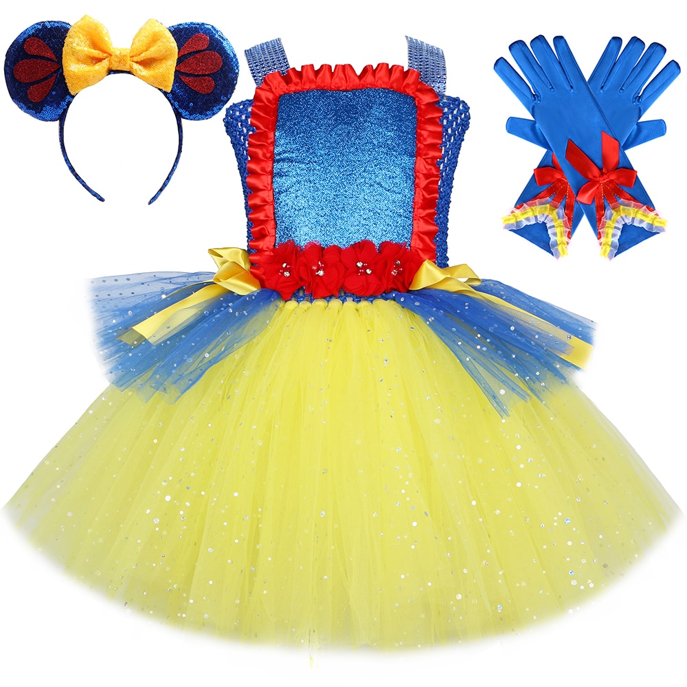 Sparkly Snow White Princess Dress for Girls Birthday Party Tutu Dress Christmas Halloween Cosplay Costume for Kids Fancy Clothes