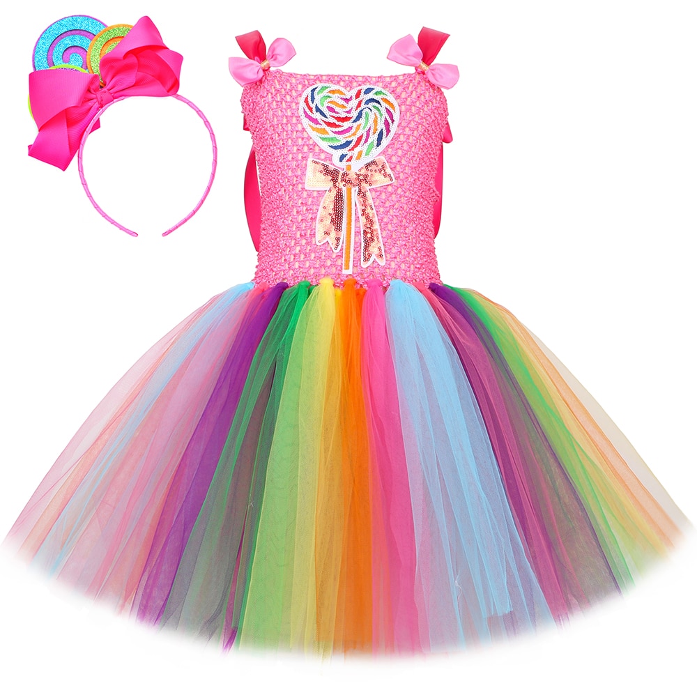 Rainbow Candy Tutu Princess Dress for Girls Christmas Halloween Candyland Lollipop Costume Kids Holiday Birthday Party Clothes