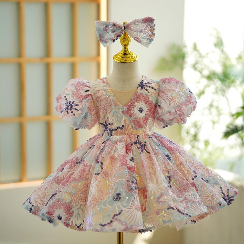 New Children's Sequins Evening Gown Puff Sleeve Design Kids Catwalk Wedding Birthday Baptism Party Girls Dresses For Eid L1