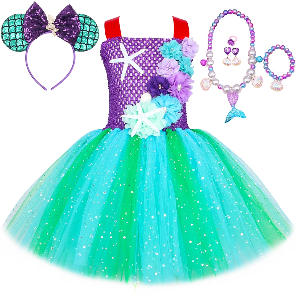 Sparkly Mermaid Princess Dress for Girls Birthday Party Tutu Outfits Halloween Little Mermaid Costume for Kids Fancy Clothes Set