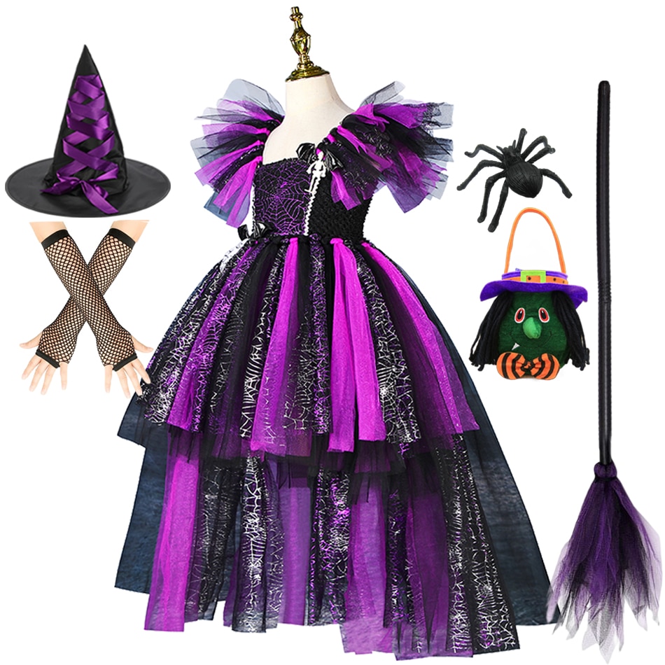 2023 Girls Witch Halloween Costume Ghost Skeleton Kids Carnival Black Dress Witch Cosplay Dress With Candy Bag