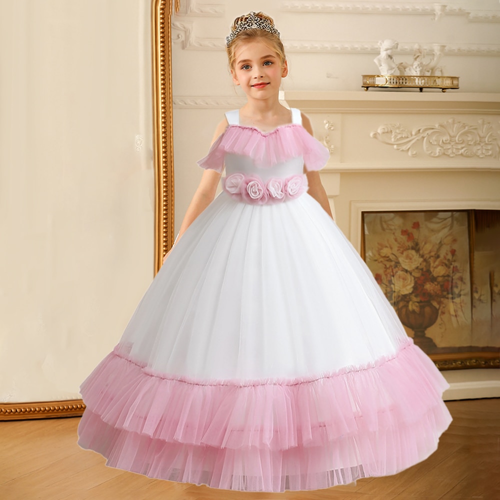 Fluffy Rose Flower Girls Party Dress Elegant Lace Bridesmaid Princess Kids Dresses for Girl Bow Birthday Evening Wedding Costume