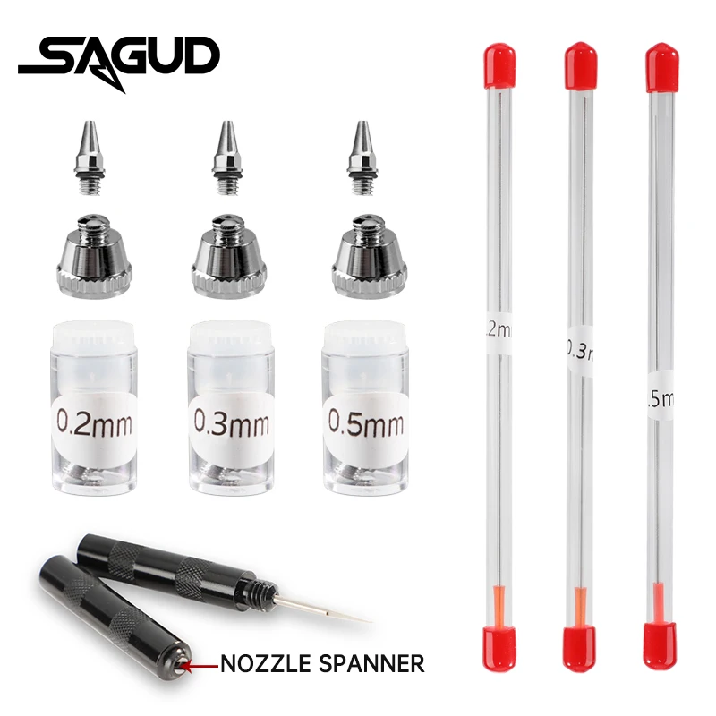 0.2/0.3/0.5mm Airbrush Needle Nozzle Cap Replacement Parts with Nozzle Wrench & Cleaning Brush for