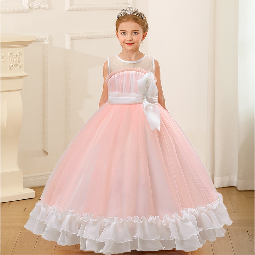 Big Bow Wedding Girls Party Dress Elegant Long Lace Bridesmaid Princess Kids Dresses for Girl Pink Birthday Prom Evening Costume