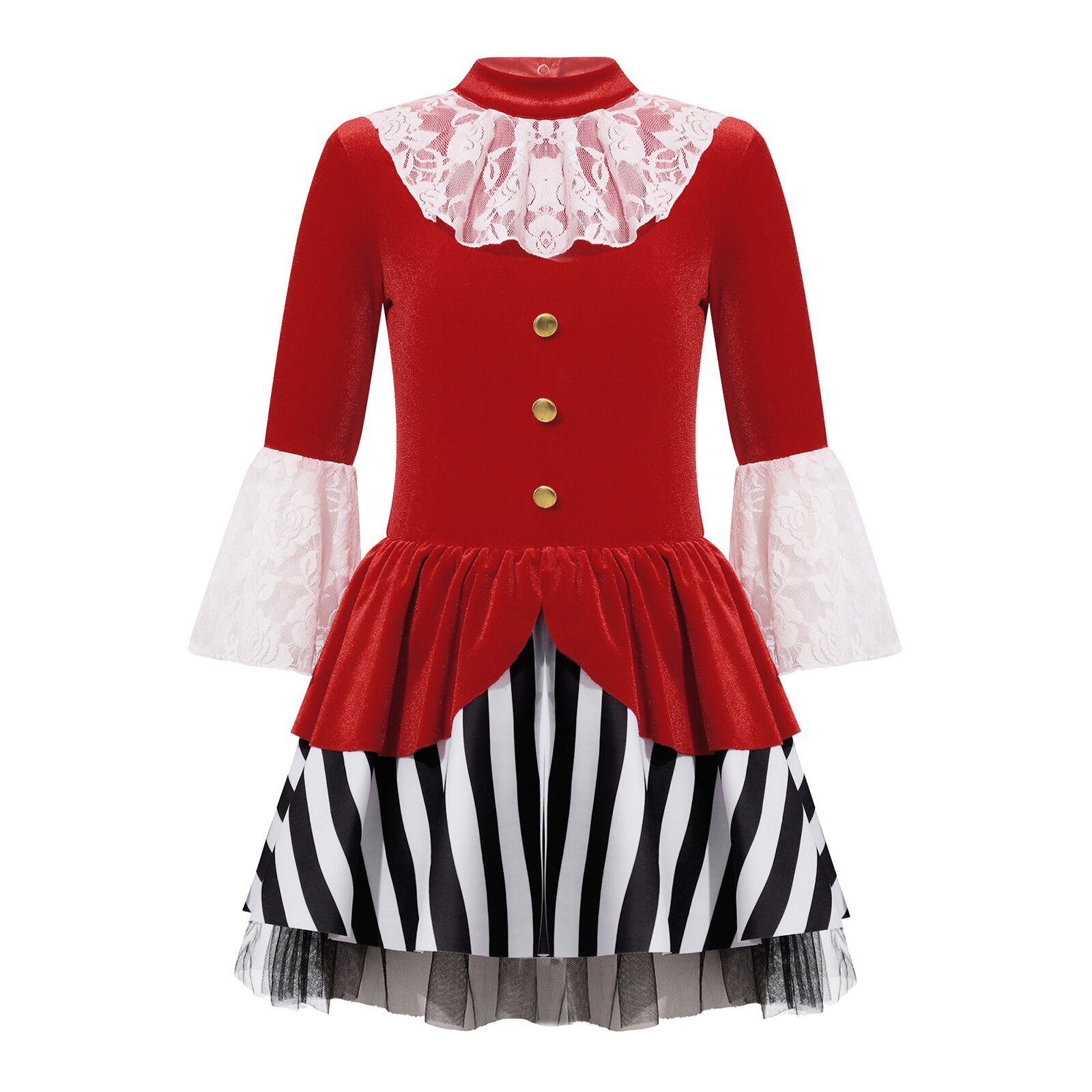 Halloween Kids Girls Medieval Pirate Cosplay Costume Long Sleeve Keyhole Back Lace Velvet Peplum Stripes Print Dress Jumpsuit