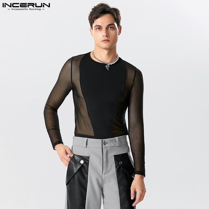 Casual Homewear Jumpsuits INCERUN 2023 Handsome Men's See-through Mesh Thin Patchwork Rompers Solid Long Sleeved Bodysuits 