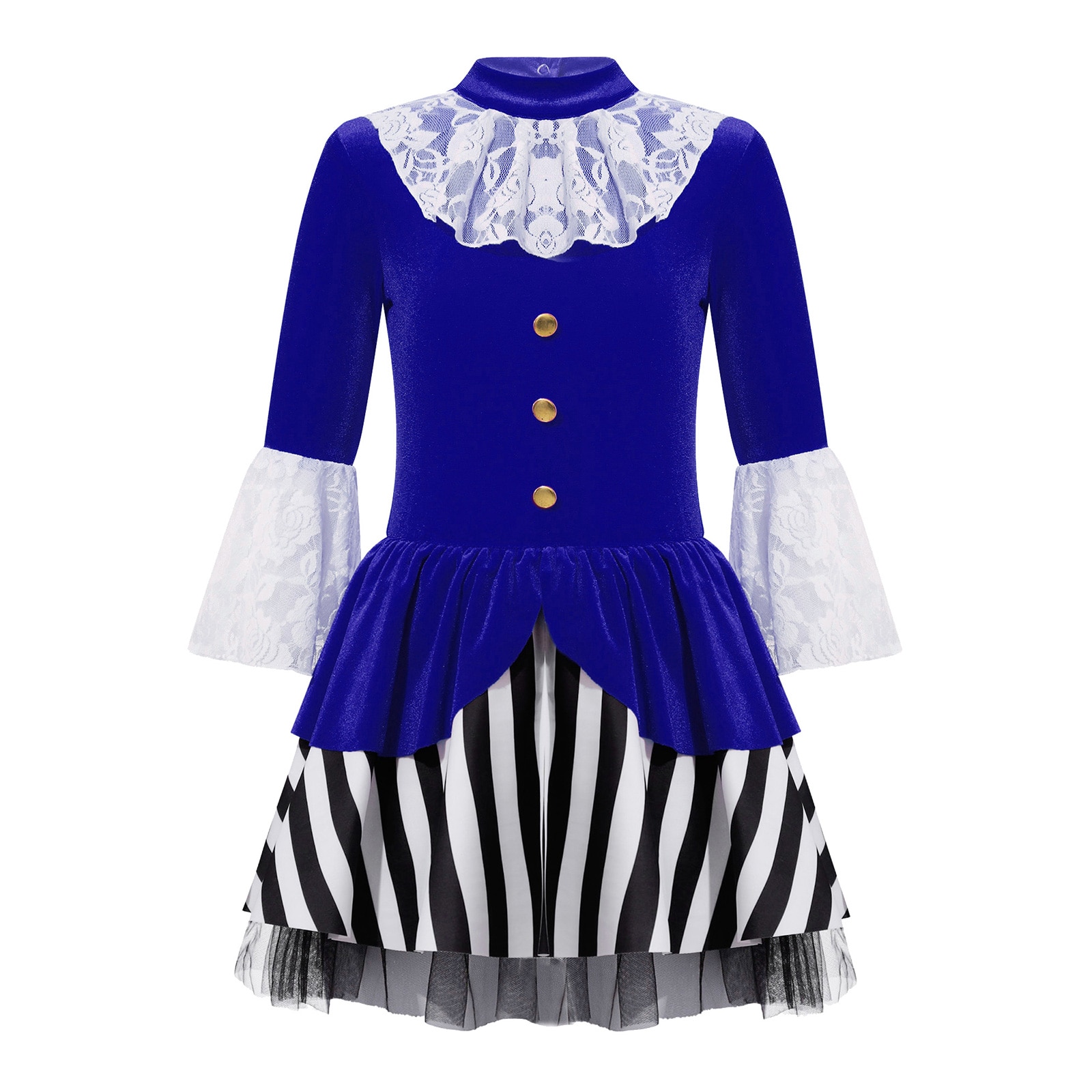Kids Girls Medieval Renaissance Costume Halloween Carnival Pirate Cosplay Long Sleeve Lace Velvet Stripes Dress Leotard Tutu