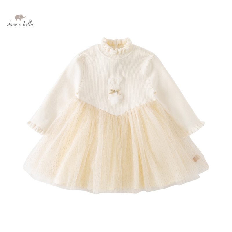 Dave Bella Girl's Dress Children's 2023 New Autumn Princess Dress Sweater Charm Sweet Classy Fashion Mesh Party DB3237