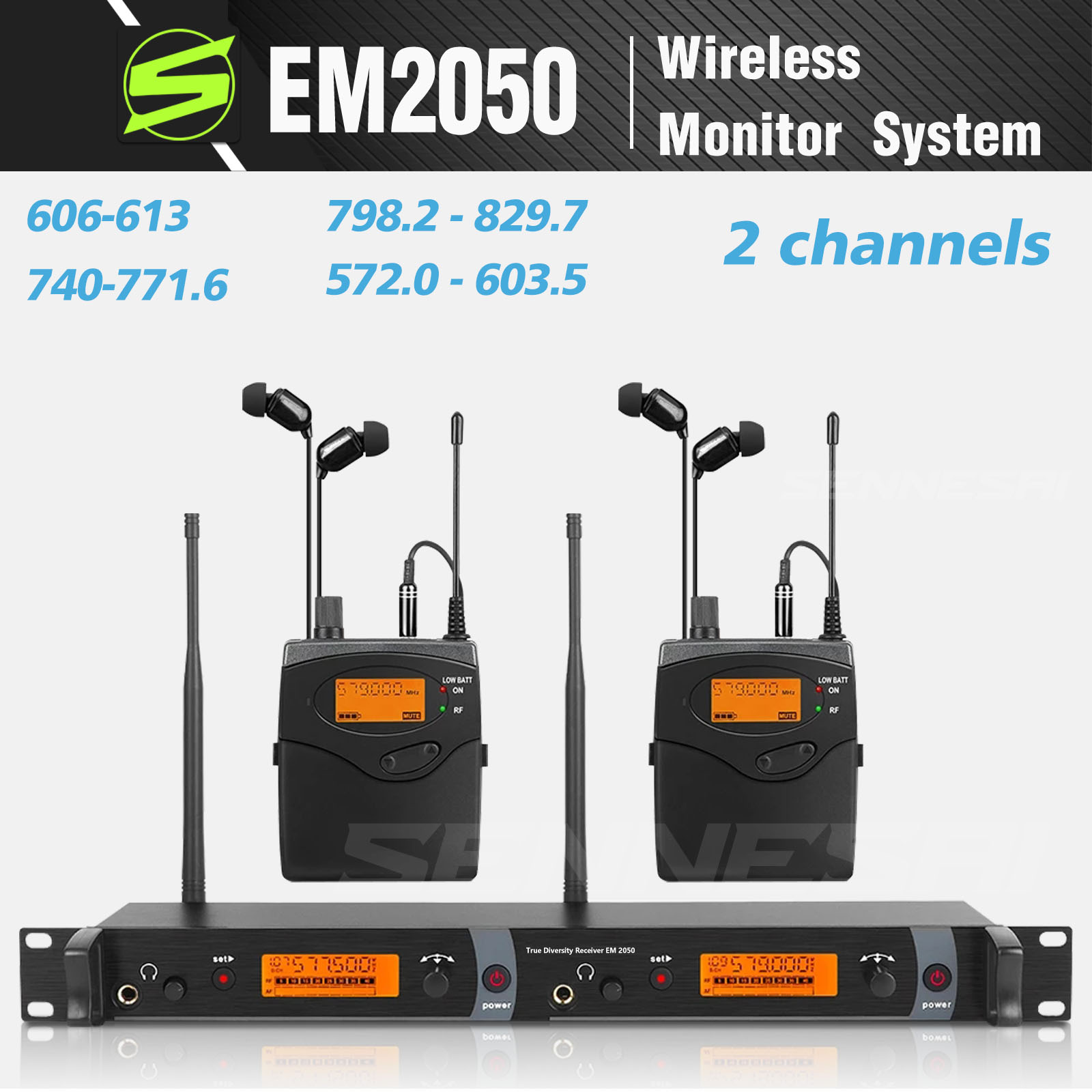 Top Quality！EM-2050 UHF In Ear Monitor System 2 Channel 2 Bodypack Monitoring Available In Multiple Bands for Stage！Whole Metal