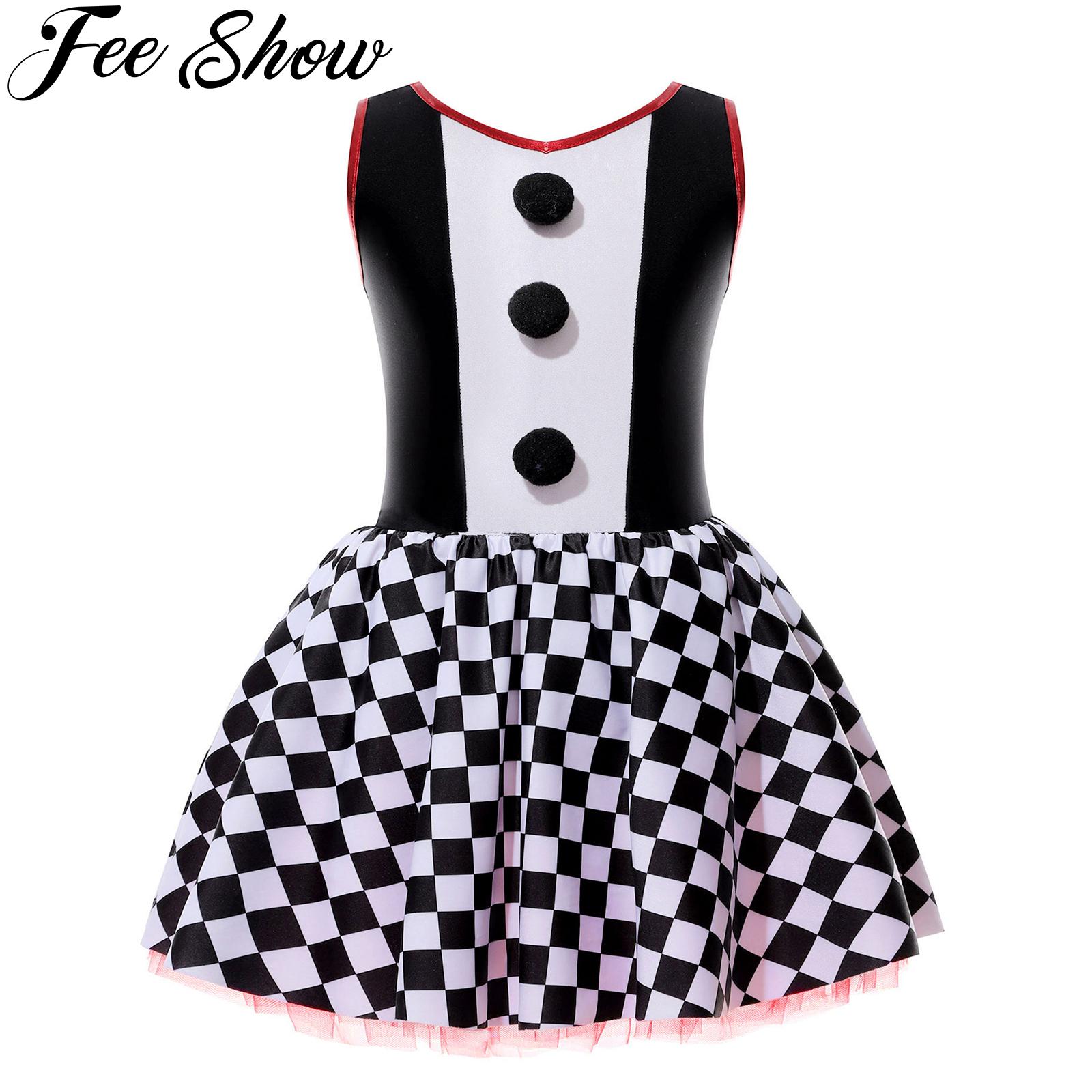 Kids Girls Witch Costume Halloween Cosplay Dresses Sleeveless Checkerboard Print Tutu Dress for Carnival Party Dress Up Clothes