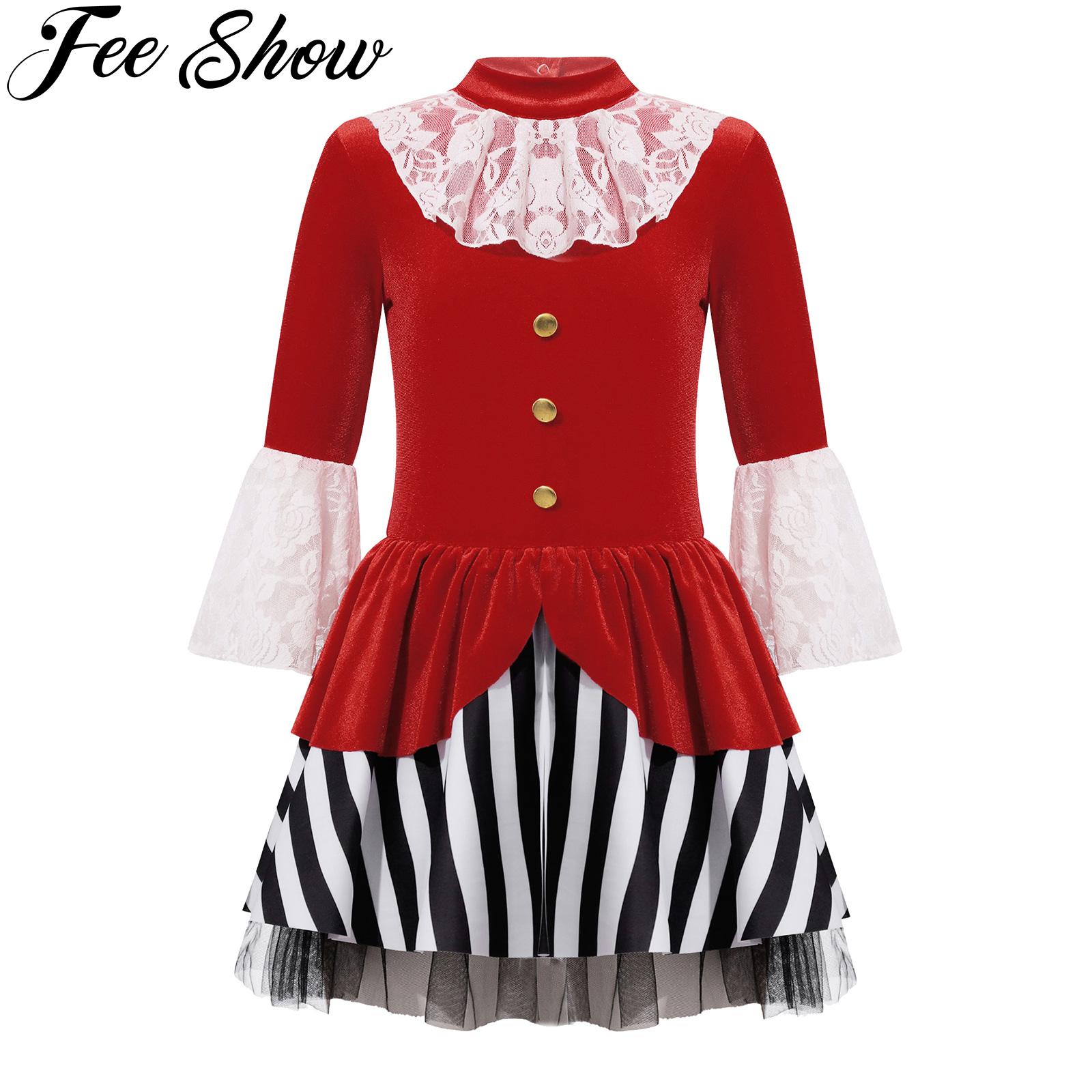 Kids Girls Pirate Costume Halloween Medieval Cosplay Dresses Long Sleeve Lace Velvet Dress for Carnival Party Dress Up Clothes
