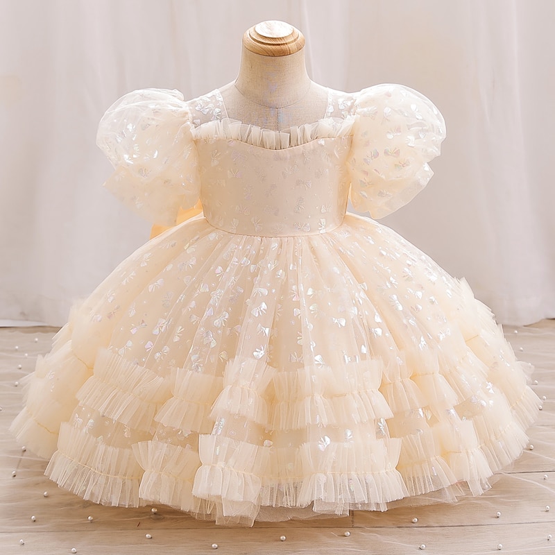 Children's evening dress Princess style Puffed sleeve mesh pommel dress Champagne dinner dress #1806