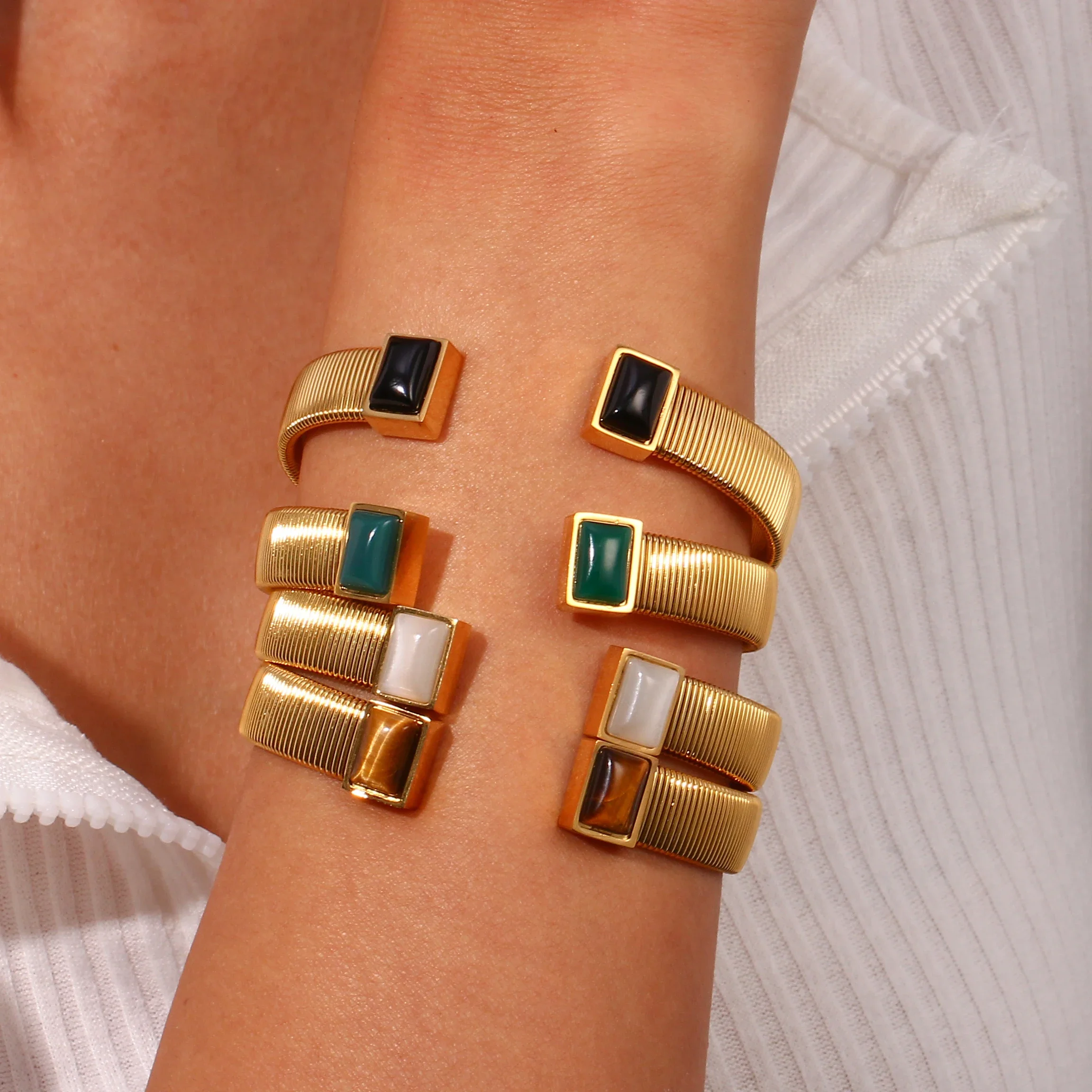 2023 New Designer Stainless Steel Natural Stone Square Cuff Bangles Bracelets For Woman Women's Hand