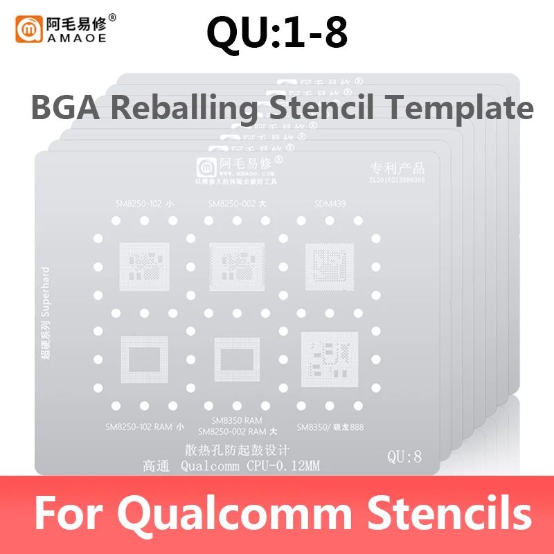 AMAOE QU1-8 BGA Reballing Stencil for Qualcomm MSM SM SDM Snapdragon CPU Planting Tin Steel Mesh Set
