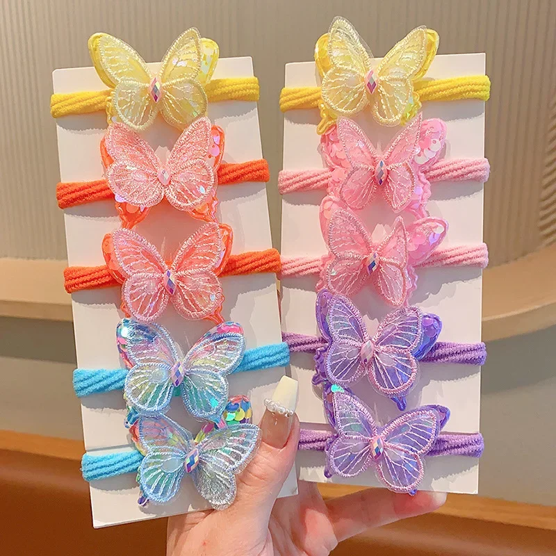 2PCS New Sequin Butterfly Cute Girls Tie Up A Ponytail Kids Elastic Hair Bands Hair Accessories