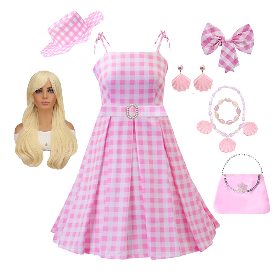 Movie Costume For Kids Girls Cosplay Pink Plaid Dress Halloween Pink Barbiecore Girl Dress Up Carnival Party Clothes With Hat